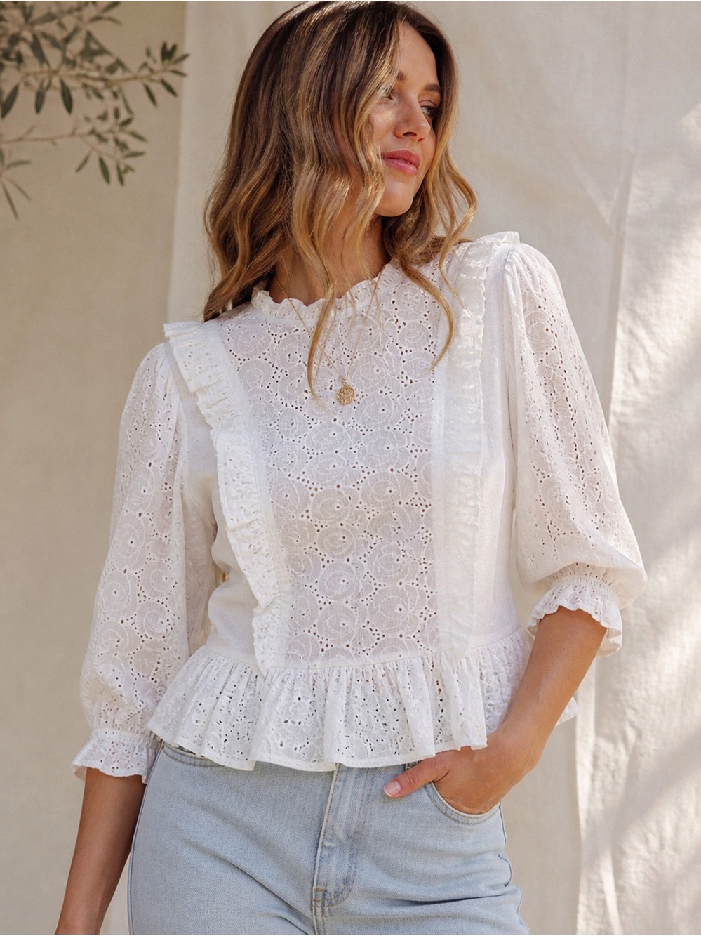 ADIVA White Eyelet Blouse Cottagecore Top Peplum Cotton Romantic